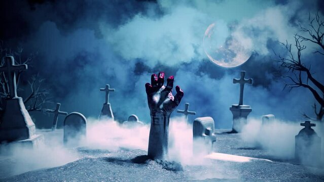 Zombie hand rising out of a graveyard. 3d animation.