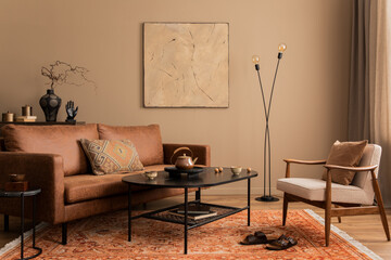 Cozy living room interior with mock up poster frame, brown sofa, black coffee table, boucle...
