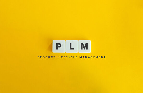 Product Lifecycle Management (PLM) Acronym and Concept. Letter Tiles on Yellow Background. Minimal Aesthetics.