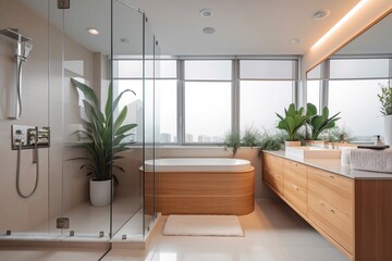 Exclusive modern bathroom with large bathtub and window, brochure, real estate ad, generative ai