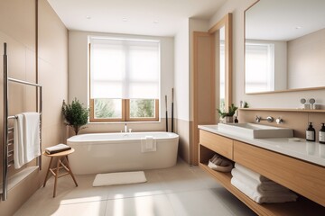 Fototapeta na wymiar Exclusive modern bathroom with large bathtub and window, brochure, real estate ad, generative ai