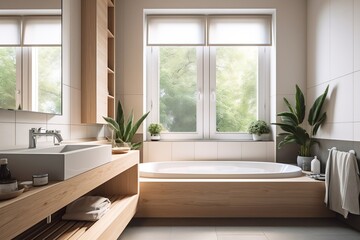 Exclusive modern bathroom with large bathtub and window, brochure, real estate ad, generative ai