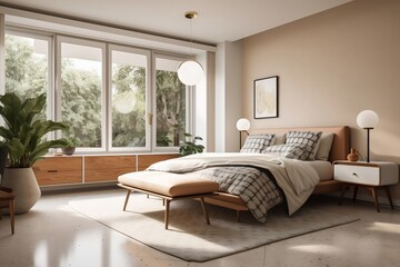 Modern bedroom with big french windows, brochure, real estate ad, generative ai
