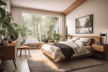 Fototapeta premium Modern bedroom with big french windows, brochure, real estate ad, generative ai