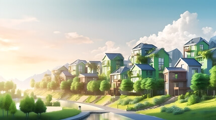 Obraz premium Modern houses with a lot of green trees and plant along balconies. Green city concept. AI Generated. Generative AI