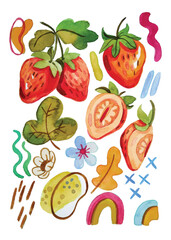 strawberry elements watercolor hand draw