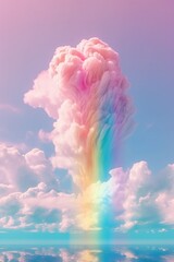 Photo of a colorful rainbow against a blue sky with fluffy white clouds. Generated AI.