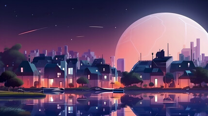 Futuristic night city. Futuristic cityscape with houses and parks. AI Generated. Generative AI