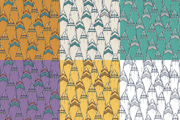 Surf seamless pattern set or surfing background collection for tiki bar. Traditional ethnic surfing of hawaii, maori or polynesian. Design of old tribal board