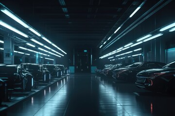 Automated robotics futuristic electric cars factory. 
