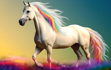 Beautiful white horse in colors of pride flag. Generative Ai illustration