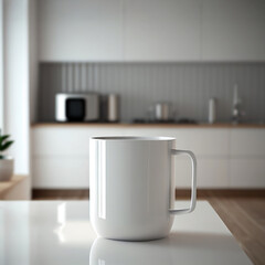 Fototapeta na wymiar White blank mockup mug on a kitchen table with modern minimalistic interior on the background. Place for text. Generative AI.