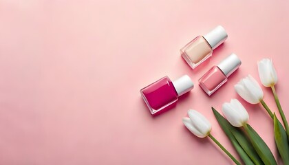 Nail polish bottles and white tulips flowers on a pastel color background. Flat lay style