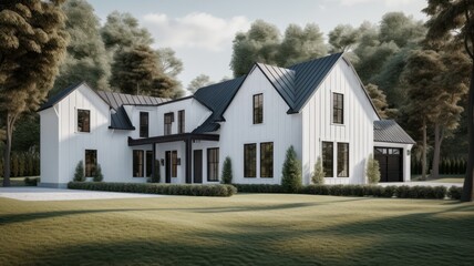 Modern large and spacious two-story wooden house with white walls and a black roof in Nordic style with a manicured lawn, surrounded by bushes and trees. Generative AI