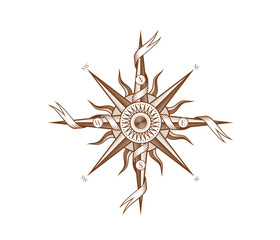 Vintage wind rose compass with medieval antique ribbons. Ocean navigation wind rose, marine expedition direction or sea geography map compass medieval engraved vector emblem