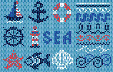 Knitting sea elements and ornaments. Yacht, ship, boat, anchor, lifebuoy, steering wheel, lighthouse, starfish, fish, shell, waves. Vector illustration.