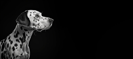 Black and white photorealistic studio portrait of a Dalmatian dog on black background. Generative AI illustration