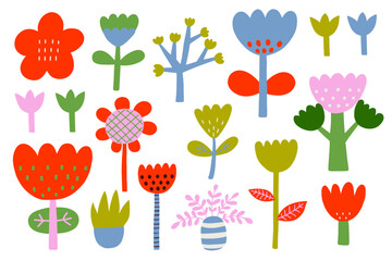 Set of colorful plants in childish hand drawn style. Summer jungle decoration and exotic tropical plants on isolated white background.