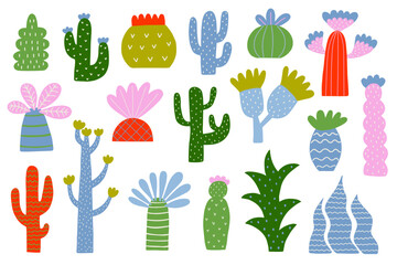 Set of colorful plants in childish hand drawn style. Summer jungle decoration and exotic tropical plants on isolated white background.