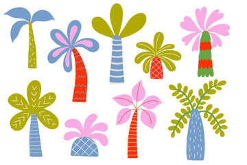 Set of colorful plants in childish hand drawn style. Summer jungle decoration and exotic tropical plants on isolated white background.