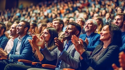 Multi - ethnic audience sitting in an amphitheater and applauding during panel discussion, Generative AI