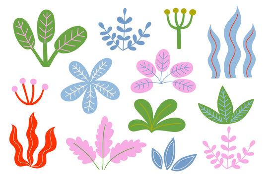 Set of colorful plants in childish hand drawn style. Summer jungle decoration and exotic tropical plants on isolated white background.