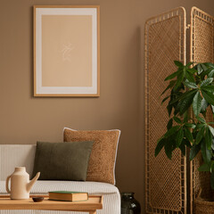 Creative composition of living room interior with mock up poster frame, beige modular sofa, brown...