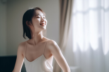 Naklejka na ściany i meble A serene Japanese woman with flowing hair and smooth skin basks in the light of a sun-drenched room, exuding an air of calm and relaxation. generative AI.