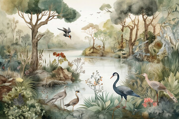 Watercolour illustration of a forest lake with birds, flowers, plants, leaves. Generative AI.