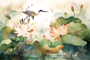 Watercolour illustration of water lily and a bird. Generative AI.