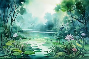 Fototapeta na wymiar A lake inside of a rain forest. Watercolour painting. Generative AI.