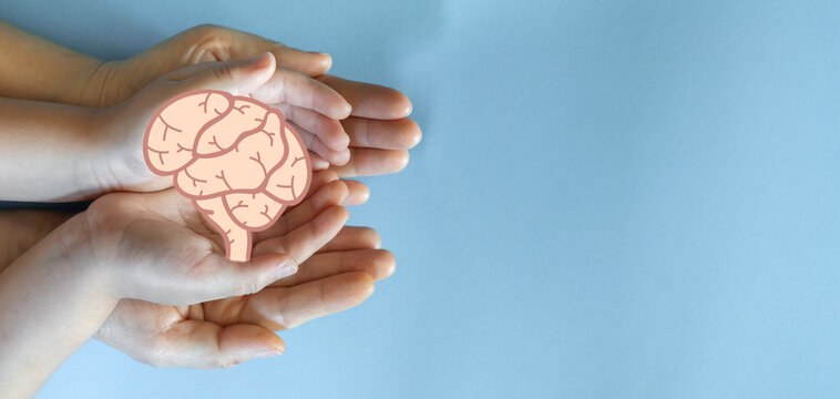 Human hand hold care brain health therapy, alzheimer, cancer, stroke, parkinson, disease, dementia, donation, surgery, cerebral haemorrage, encephalitis, insurance, hospital.world mental health day