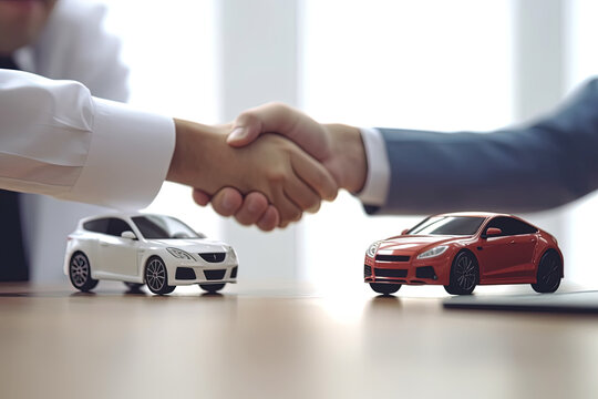 Dealer and new owner handshake after concluding a car deal. Concept of car dealerships, used cars, car sale and rent, auto deal. Generative AI