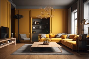 Classic living room with modern sofas, pastel colored walls, large windows, large open space. Walls and upholstered furniture in shades of yellow, which is the main color in the room. Generative AI
