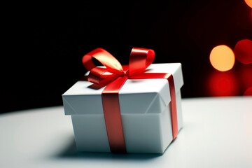White Gift box with red ribbon.