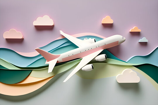 Paper cut art, illustration of plane on the sky with clouds with pastel colors. Travel concept. Generative ai.