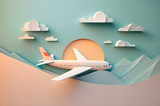 Paper cut art, illustration of plane on the sky with clouds with pastel colors. Travel concept. Generative ai.