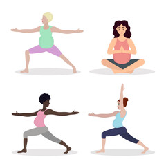 Pregnant woman exercising yoga. Illustration in flat cartoon style, concept illustration for healthy lifestyle, sport, exercising. Web page banner