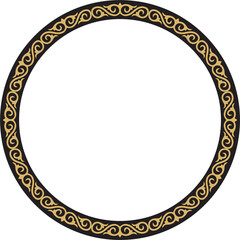 Vector round golden Kazakh national frame. Ornamental circle. Ethnic pattern of nomadic peoples of the Great Steppe, Kyrgyz, Mongols, Bashkirs, Buryats, Kalmyks