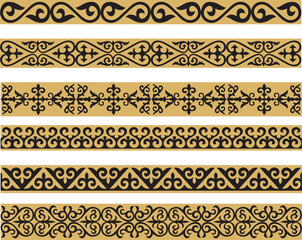 Set of vector gold and black seamless Kazakh national ornament. Ethnic pattern of the nomadic peoples of the great steppe, the Turks. Border, frame Mongols, Kyrgyz, Buryats, Kalmyks..