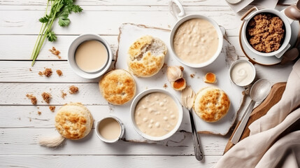 Drop Biscuits and Sausage Gravy on white wooden background, flat lay, top view ai illustration 