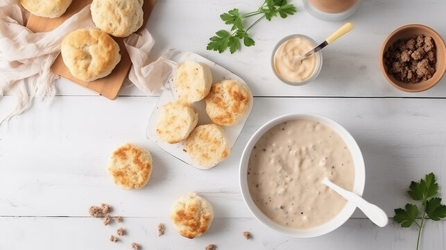 Drop Biscuits and Sausage Gravy on white wooden background, flat lay, top view ai illustration 