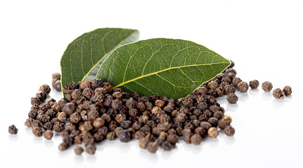 bay leaves on a hill of black pepper, isolated on a white background. 