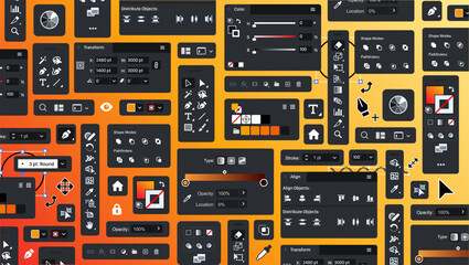 Background of vector processing tools. Tool Blocks. Graphic editor. Designer UX UI bg. Set of icon panels and tools for designers. Set of design theme items. Buttons and icons. Toolbar - obrazy, fototapety, plakaty