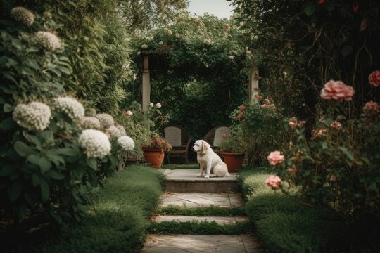  Serene Capture of a Dog in the Garden Woods - Generative AI Illustration