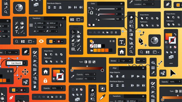 Background of vector processing tools. Tool Blocks. Graphic editor. Designer UX UI bg. Set of icon panels and tools for designers. Set of design theme items. Buttons and icons. Toolbar
