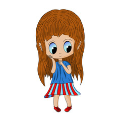 shy girl with red shoes, blue red skirt and blue blouse and long hair