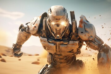 Dynamic Sci-Fi Robot Cyborg in Action Pose in the Sunny Desert - Generative AI Illustration