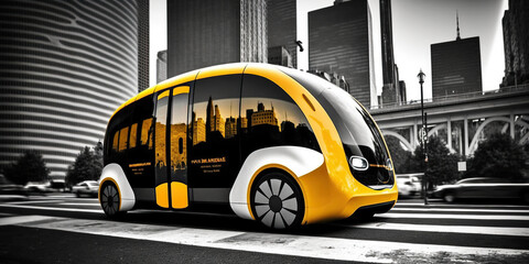 Ai generated illustration of  yellow futuristic taxi buses on the road, driving in the futuristic city