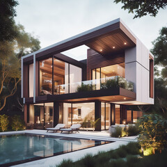Modern house made with wood and steel with large panoramic windows and pool. AI Generated. Generative AI